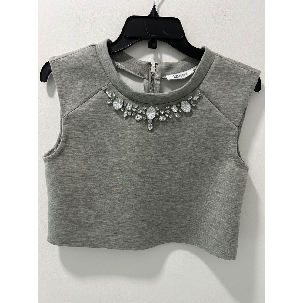 Lucy Paris Heather Gray Embellished Crystal Neckline Scuba Crop Top Sleeveless